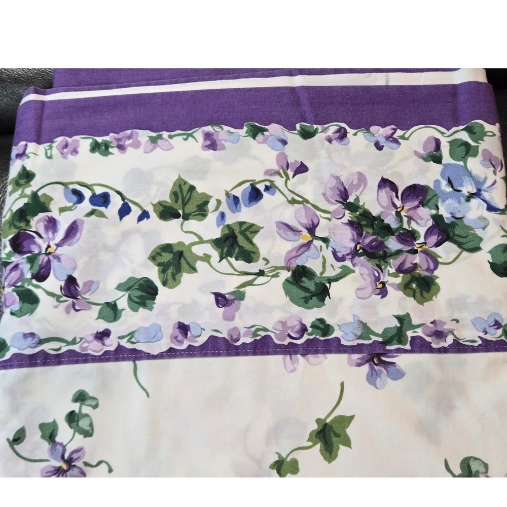 Vintage Full Flat Sheet - violets, pansies, purple, flowered